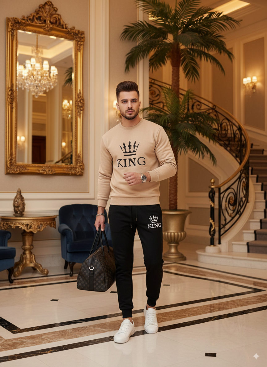 Men’s Dri-Fit Printed Track Suit – 2 Pcs, Brown, Round Neck